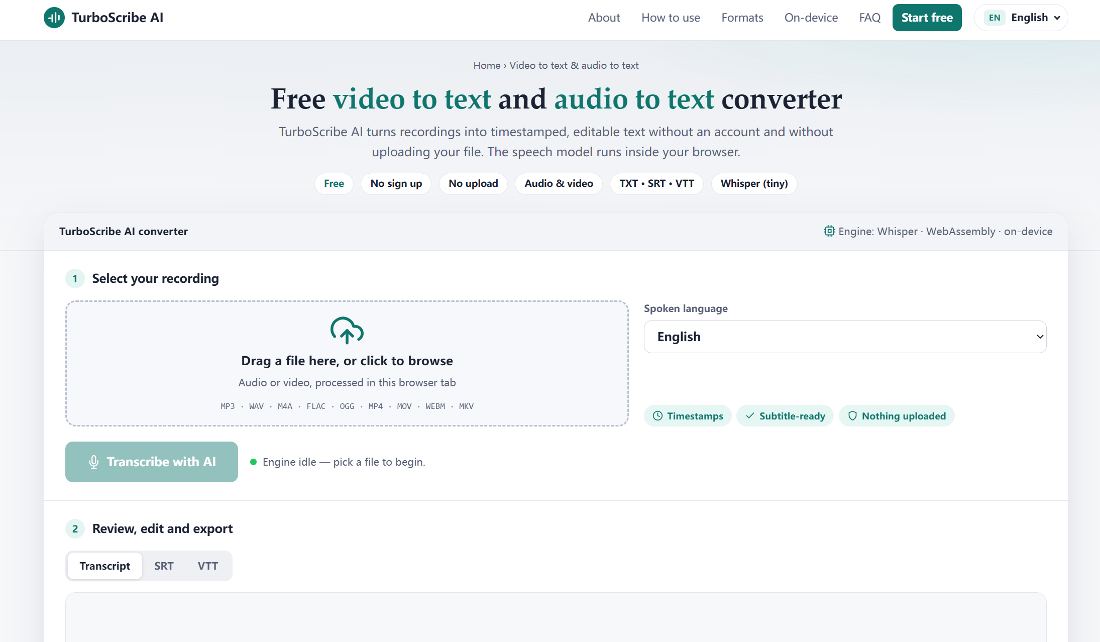 TurboScribe AI, 브라우저에서 비공개로 오디오·비디오 변환