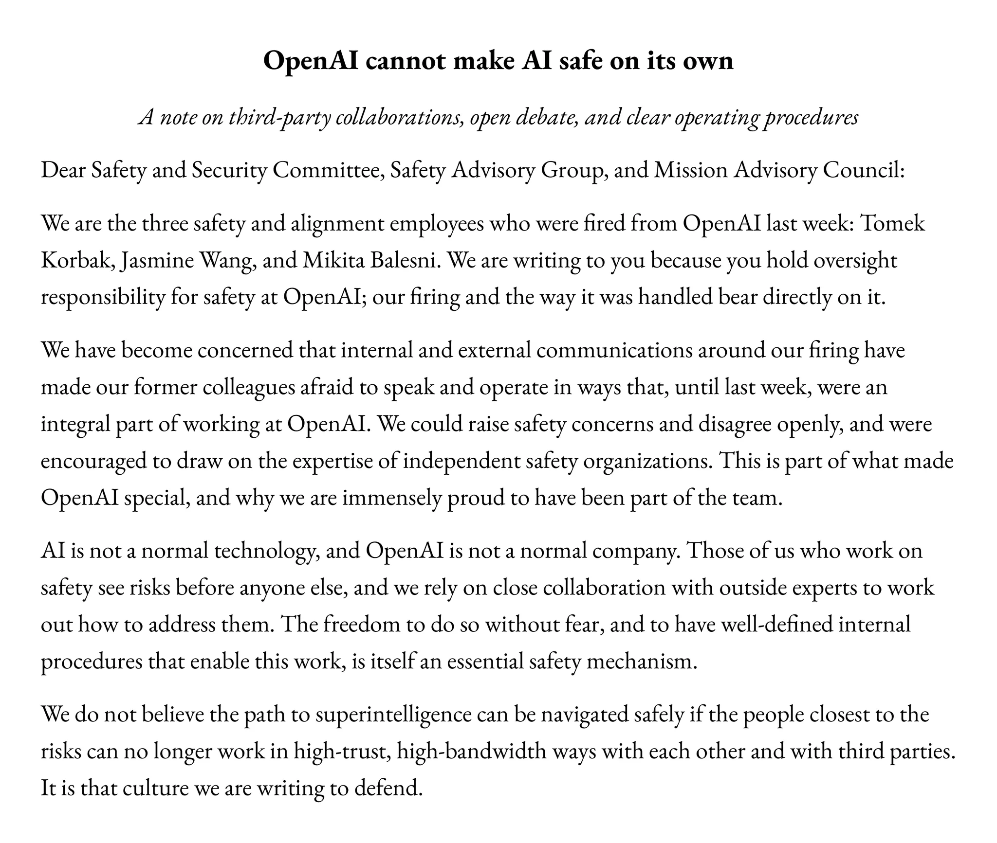 OpenAI Safety Researcher Says He and Two Others Were Fired