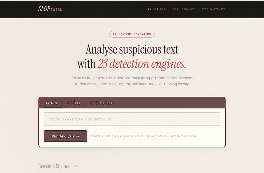 SlopTotal launches an open-source, local AI text detector with 23 engines