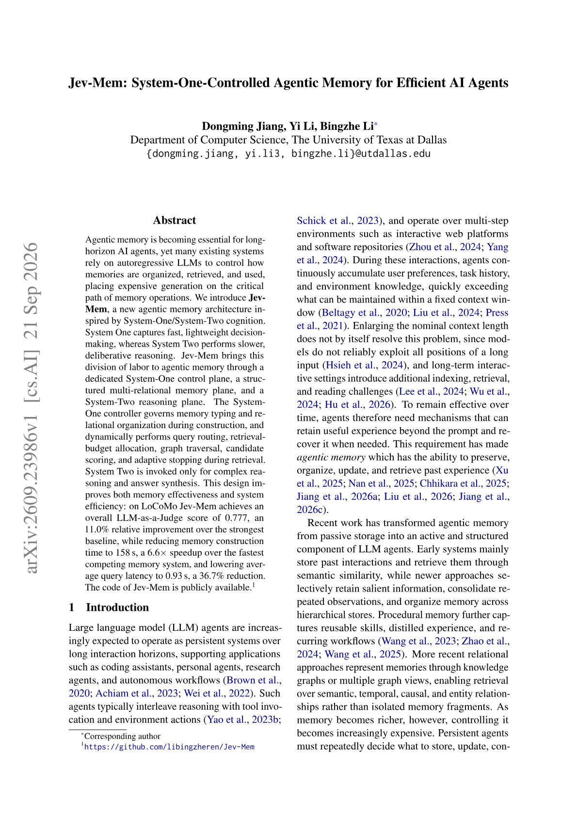 Jev-Mem: A System-One-Controlled Memory System for Efficient AI Agents